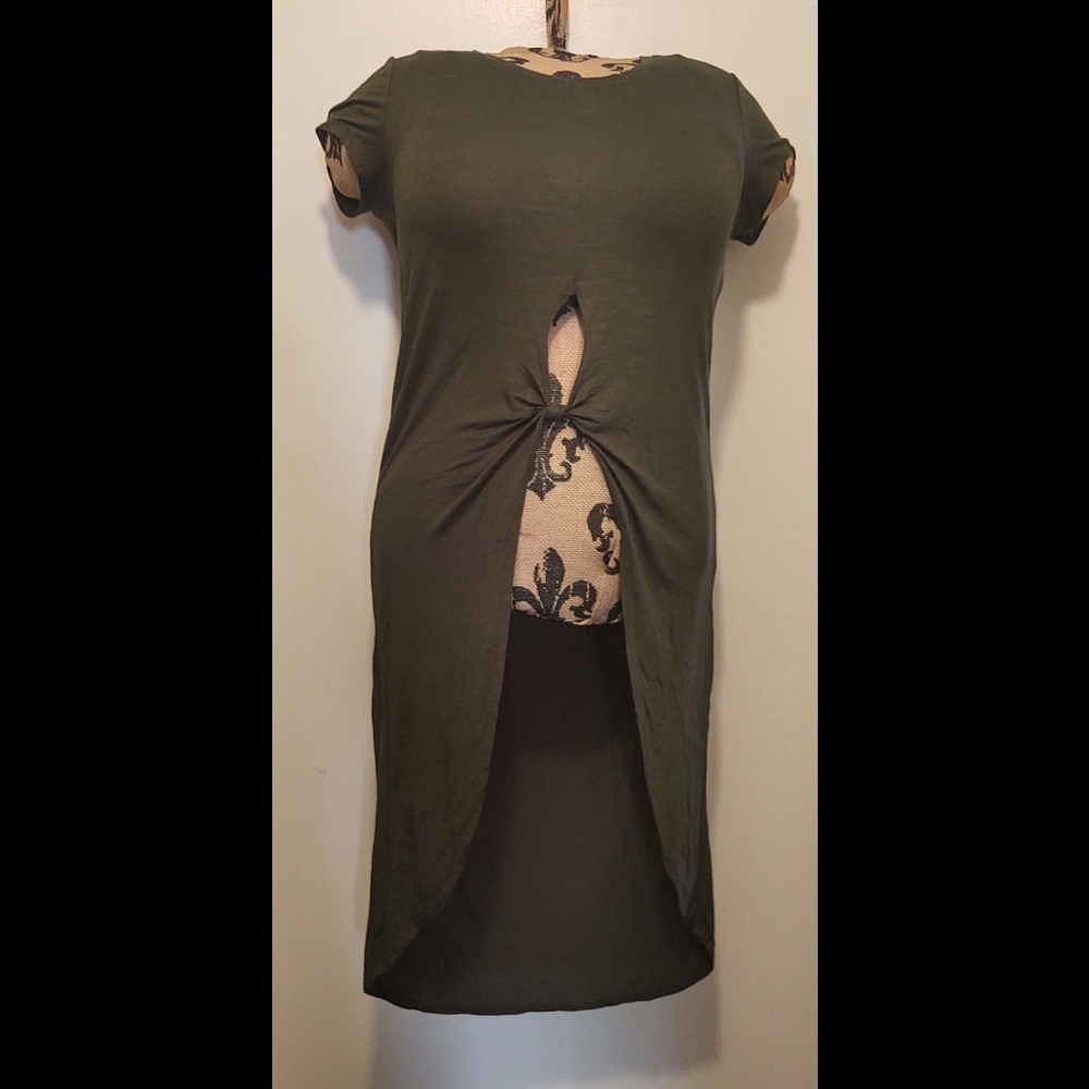 Story on green high/low shirt